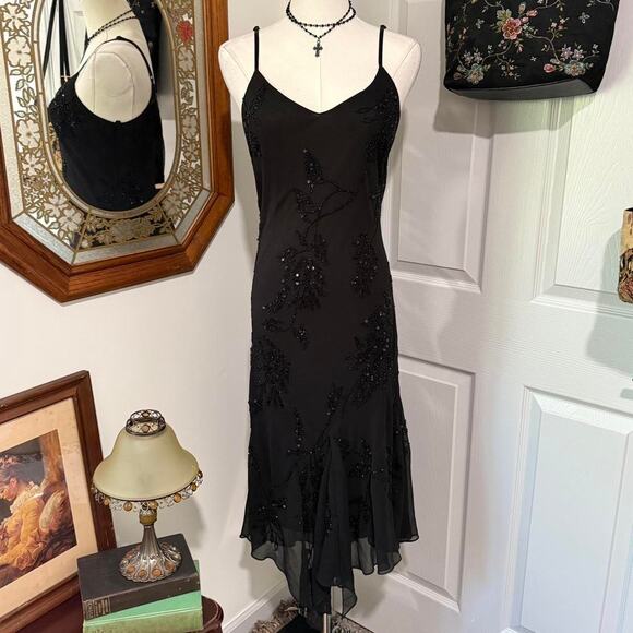 American Vintage Dresses & Skirts - VTG 90s J Laxmi Black Floral Beaded Mesh Asymmetrical Dark Fairy Midi Dress 10/M
